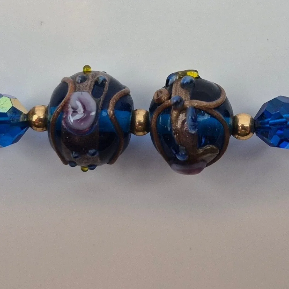 Vtg Venetian Wedding Cake Necklace Blue Pink Gold Glass 27